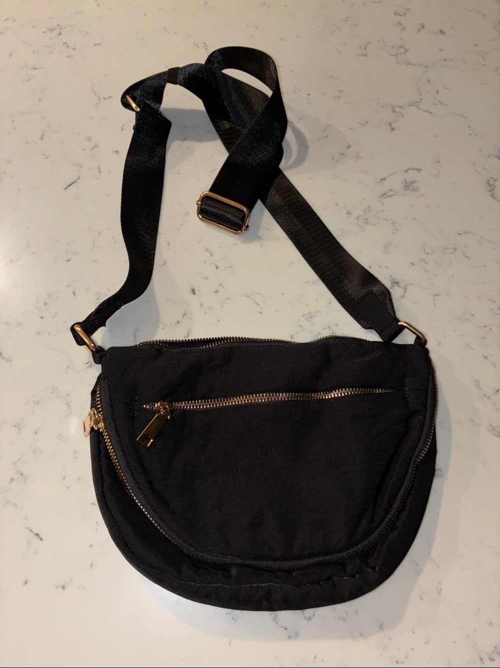 Black Nylon Foldover Crescent Crossbody Bag | Gold Hardware Dupe EUC
